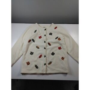 Vintage Fashion Bug Women Autumn Fall Leaves Embroidered Fleece Cardigan Cottage